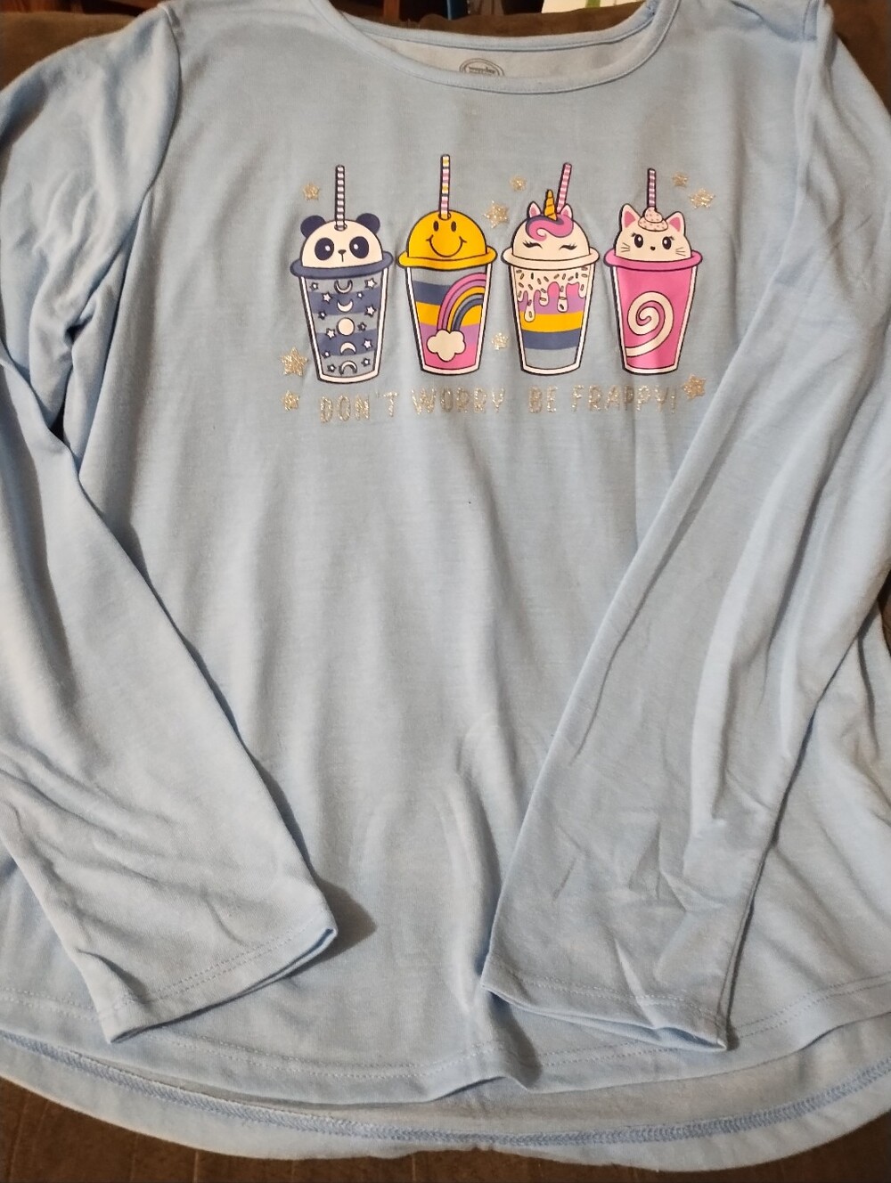 wonder nation Light Blue Long Sleeve Tee with Colorful Frappy Cup Characters
